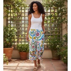 Kaantha Karma NWOT SZ LGE Embroidered Linen Blend Pants White Multi Bohemian